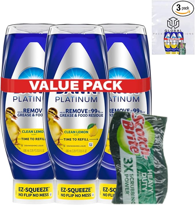 Dawn EZ Squeeze Platinum Liquid Dish Soap, 20.5 Fl Oz (Pack of 3), Lemon Scent, bundled with Heavy Duty Scotch Brite Sponge