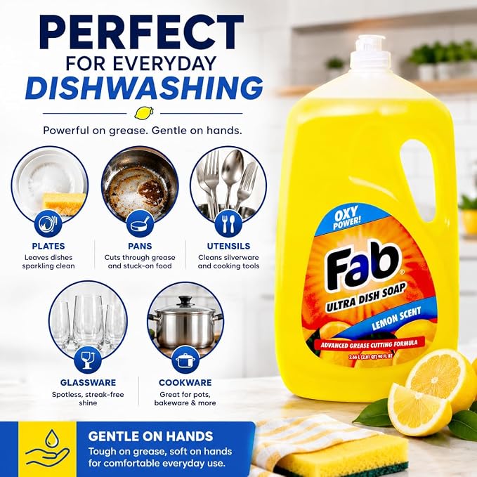 La's Totally Awesome Fab Liquid Dish Soap, Lemon Scent, 90 fl oz (Pack of 2), Powerful Grease-Cutting Dishwashing Liquid, Gentle on Hands, for Pots, Pans, Glassware & Cookware