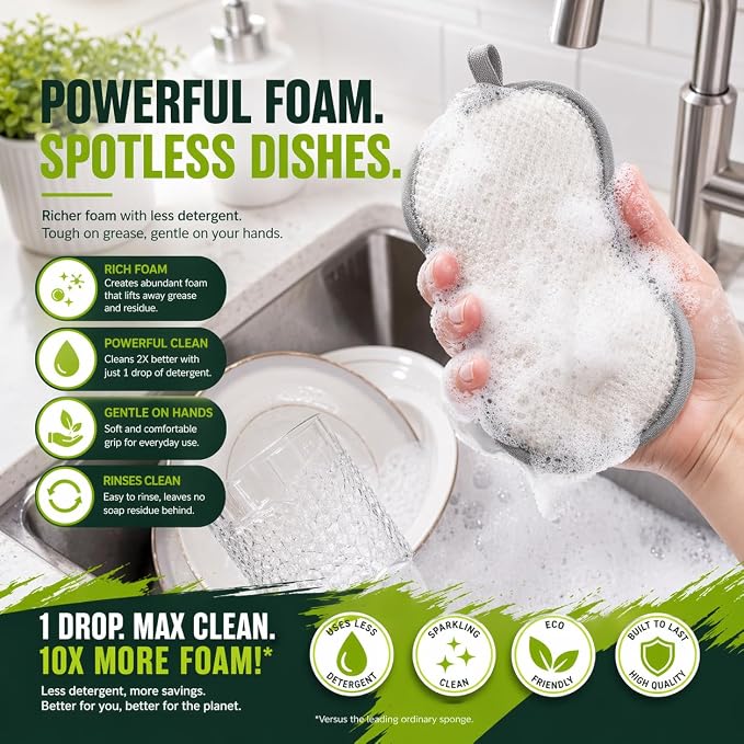 R&C Store Essentials Home Dish Soap Cleaning Bundle Kit, Includes 24.3 oz Liquid Dish Soap (2 Pack) Compatible with Dawn Platinum EZ Squeeze, 2 Dual-Sided Scrubbing Sponges, Kitchen Cleaning Set