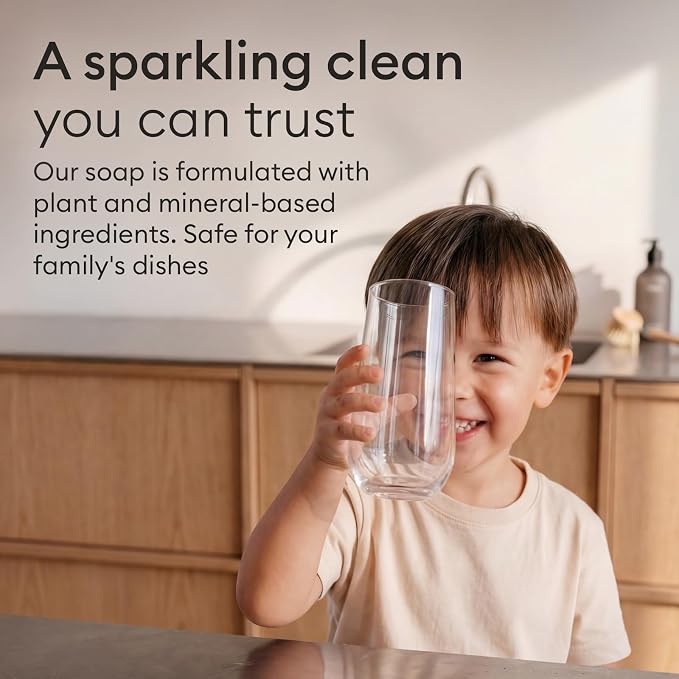 Vove Dish Soap Starter Set with Refillable Glass Pump Bottle & 3 Refills, Bergamot Mint & Basil, Powder-to-Gel Dishwashing Liquid, Plant-Based Concentrated Formula, Plastic-Free Packaging