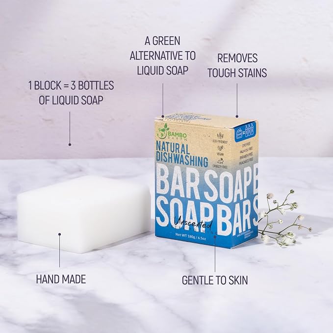 Natural Non-Toxic Dish Washing Soap - Dyes And Fragrance Free - Vegan Cruelty-Free Eco-Friendly And Zero Waste Dishwashing Handmade Solid Bar Soaps Detergent & Biodegradable (Unscented Single)