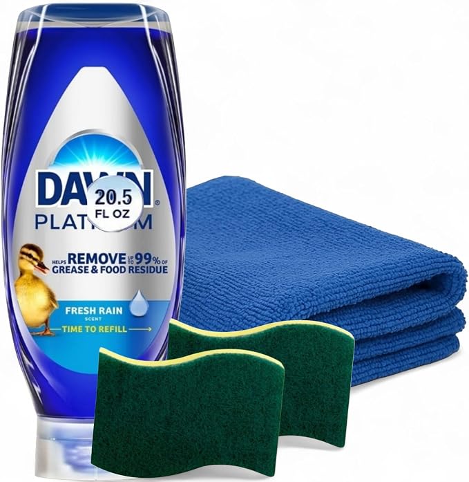 MOOCHI Kitchen Cleaning Kit – Dawn- Dish Soap 20.5 oz, Non-Scratch Scrub Sponges x2 & Heavy Duty Microfiber Towel – Custom Bundled