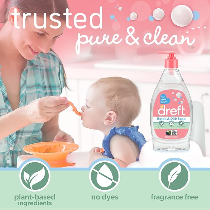 Dreft Bottle and Dish Soap | Made to Clean Baby Bottles,Sippy Cups,Pacifiers,Breast Pumps,& More | Gently Removes Milk Film & Odors-| Plant Based,Fragrance Free Dish Soap-| 18 Fl Oz,(Pack of 6)