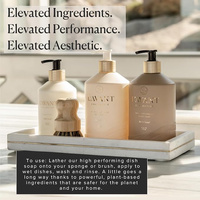 L'AVANT Plant-Based Luxury Dish Soap with Pump, Ambre Santal, 16 Fl Oz | Plant-based grease-cutting formula, refillable glass bottle with pump, gentle on hands, kid and pet safe, Ambre Santal scent