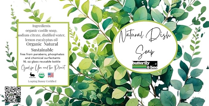 Butterfly&Bee Natural Dish Soap, Liquid, Castile Soap with Lemongrass, Plant-Based, Dye-Free, Bulk 1 Gallon Glass Jug