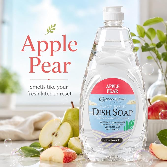 Ginger Lily Farms Botanicals Plant-Based Liquid Dish Soap, Concentrated Formula with Max Grease Cleaning Power, Cruelty-Free, Apple Pear Scent, 24 Fl Oz