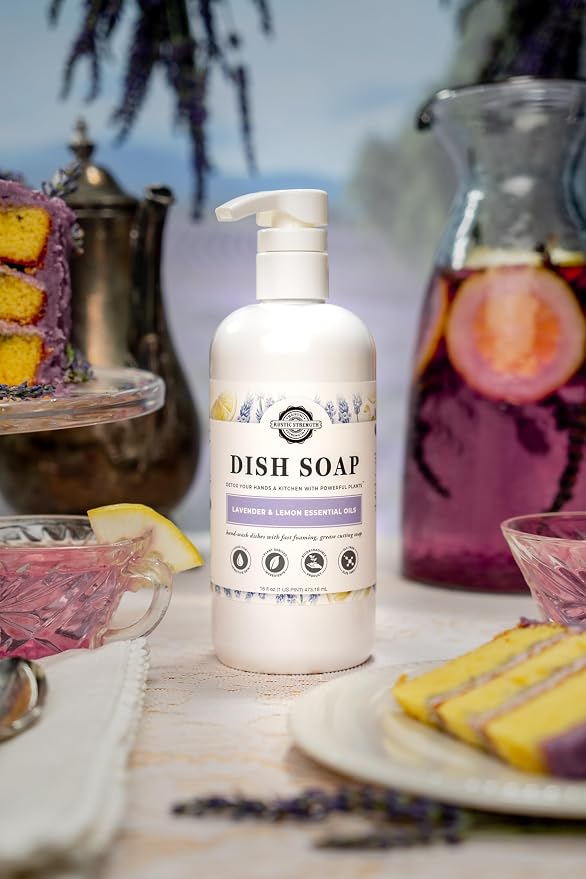 Rustic Strength Natural Dish Soap, Lavender and Lemon, 64 oz Plastic | Plant-Based Formula,Cuts Grease,No Harsh Residue,Streak Free Clean Rinsing