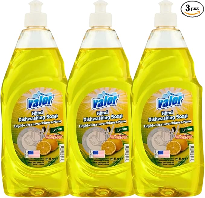 Valor Dishwashing Liquid, 25 fl oz – Dish Soap for Kitchen & Bathroom, Grease-Fighting, Gentle on Hands, Fast Rinse, Eco-Friendly Biodegradable Formula (25.5 oz (Pack of 3), Lemon)