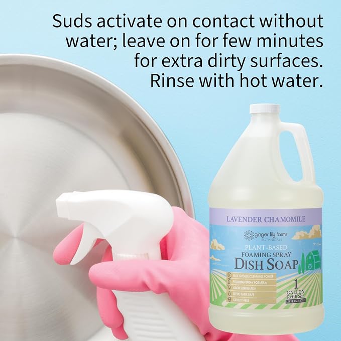 Ginger Lily Farms Botanicals Plant-Based Foaming Spray Dish Soap, Concentrated Formula with Max Grease Cleaning Power, Cruelty-Free, Lavender Chamomile Scent, 1 Gallon (Pack of 4)