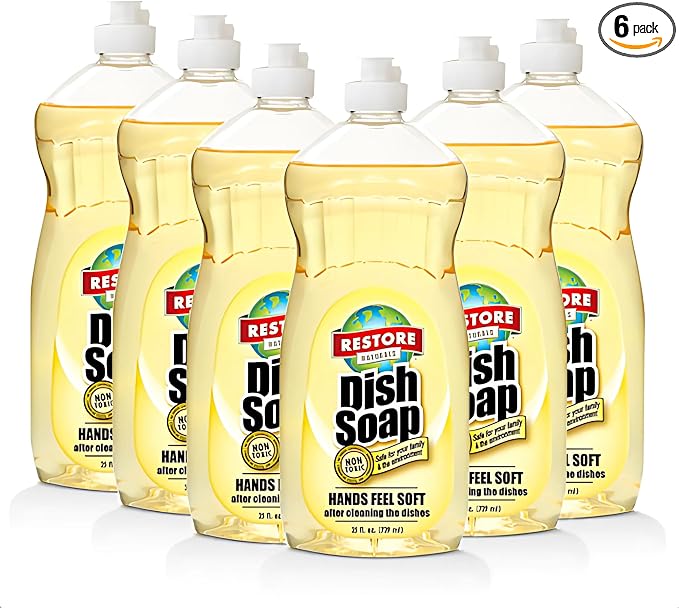 Restore Naturals Non Toxic Liquid Dish Soap - 25 Fl Oz - Plant Based | Biodegradable | Gentle Formula | Cruelty Free | Made in the USA - 6 Pack