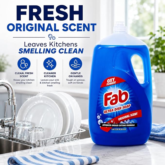 La's Totally Awesome Fab Liquid Dish Soap, Original Scent, 90 fl oz (Pack of 2) | Powerful Grease-Cutting Dishwashing Liquid, Gentle on Hands, Dish Detergent for Pots, Pans, Glassware & Cookware