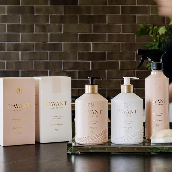 L'AVANT Collective Luxury Home Essentials High Performing Dish Soap, Hand Soap, Multipurpose Cleaner Spray, Scrub Brush, Lucite Tray Luxurious Ingredients Reusable Bottles (Blushed Bergamot)