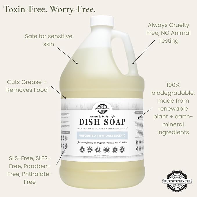 Rustic Strength Natural Dish Soap, Unscented, 1 Gallon Plastic | Gentle on All Skin, Concentrated and fragrance free, Biodegradable Plant-Based Formula