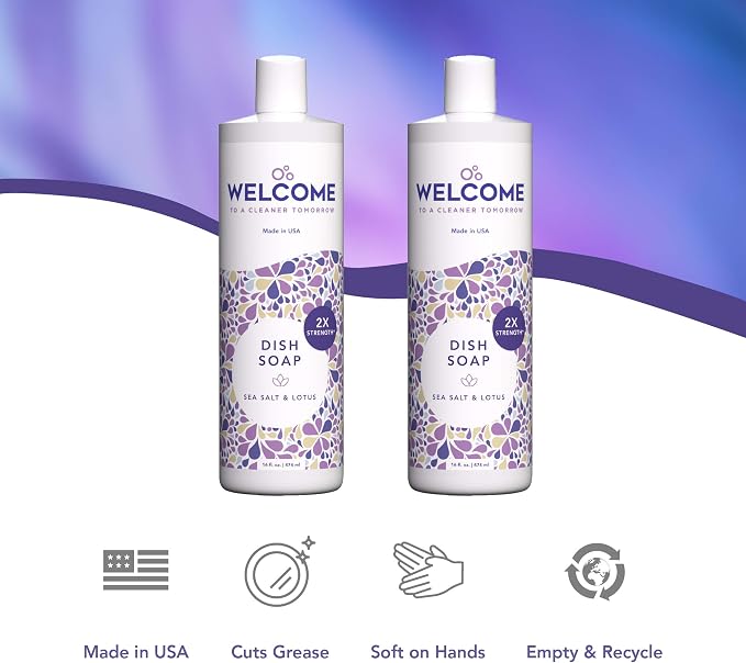 WELCOME Dish Soap - Cuts Grease - Soft on Hands - Paraben & Phthalate Free - Made in the USA - Sea Salt and & Lotus (16oz) 2 Pack