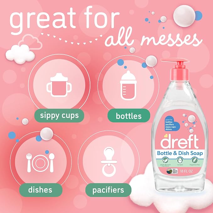 DREFT Bottle and Dish Soap Baby Gift Set - Bonus Travel Size Dreft All Purpose Cleaner & Stain Remover - Made to Clean Baby Essentials - Plant Based Ingredients, Fragrance Free Formula - 4 Piece Set