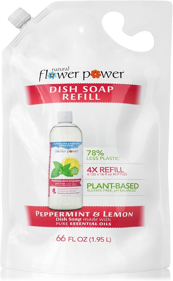 Natural Flower Power Liquid Dish Soap Refill – 66 Fl Oz Refills 4X – Plant-Based & Scented w/Pure Essential Oils – Natural Dishwashing Detergent – Sulfate-Free Kitchen Soap (Peppermint & Lemon)