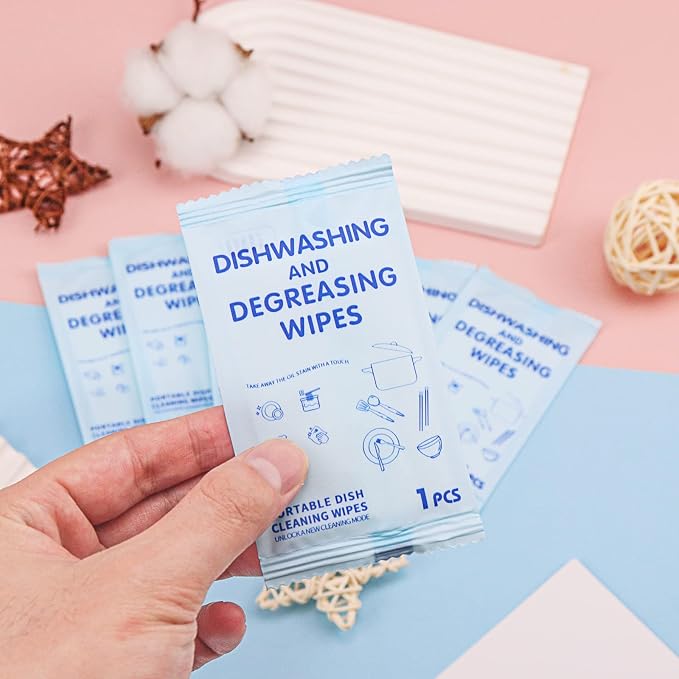 Portable Cleaning Wipes, 100 Count Dish Soap Disposable Wipes | Individually Wrapped Dish Wipe for Travel and Camping Quick Cleaningups
