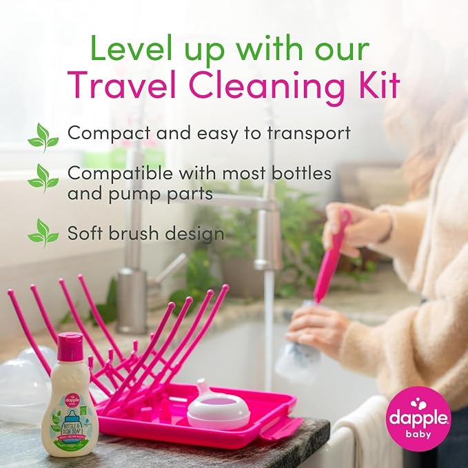 Dapple Baby Travel Cleaning Kit - 5 Piece- Baby Bottle & Dish Soap, Bottle Brushes, and Drying Rack - Newborn Essentials