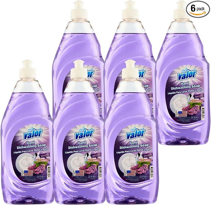 Valor Dishwashing Liquid, 25 fl oz – Dish Soap for Kitchen & Bathroom, Grease-Fighting, Gentle on Hands, Fast Rinse, Eco-Friendly Biodegradable Formula (25.5 oz (Pack of 6), Lavender)