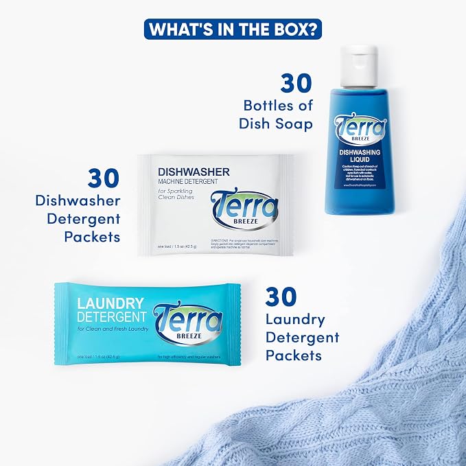 Terra Breeze Laundry & Dish Soap Amenity Kit, 90-Piece | Bulk Toiletries, Hospitality Supplies, Hotels, Resorts, Vacation Rentals, guest amenities, hotel room essentials, motels