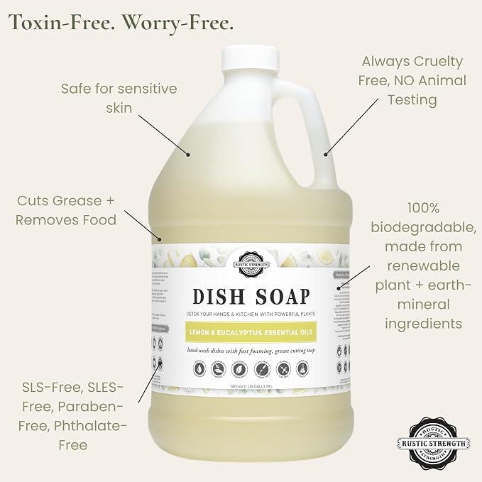 Rustic Strength Natural Dish Soap, Lemon & Eucalyptus, 1 Gallon Plastic | High-Lathering, Concentrated,Plant-Based Formula,Tough Grease Cleaner