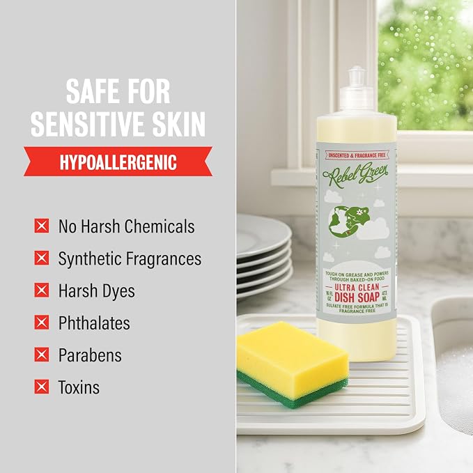 Rebel Green Ultra Clean Dish Soap, Plant-Derived Dishwashing Soap | Liquid Dish Soap for Grease and Tough Messes, No Harsh Chemicals, Unscented, 16 fl oz, 2 Pack