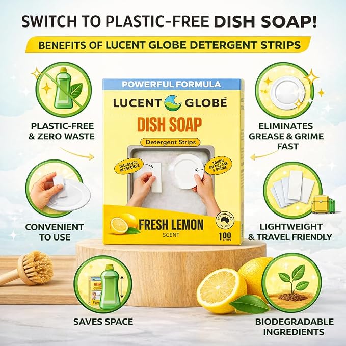 Lucent Globe Dish Soap Sheets – Fresh Lemon Scent – Dawn Replacement, Cuts Through Grease, 100 Washes, Liquidless, Spot-Free Finish, Hard Water Compatible, 100% Plastic-Free, Natural Ingredients
