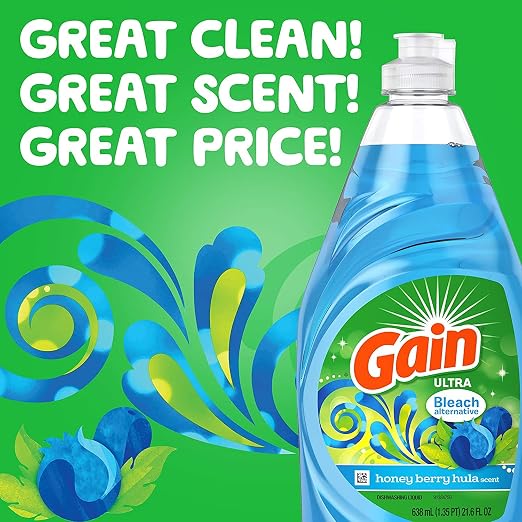 Gain Ultra Bleach Alternative Dishwashing Liquid Dish Soap, Honey Berry Hula Scent - 21.6 Fluid Ounce (Pack of 4)