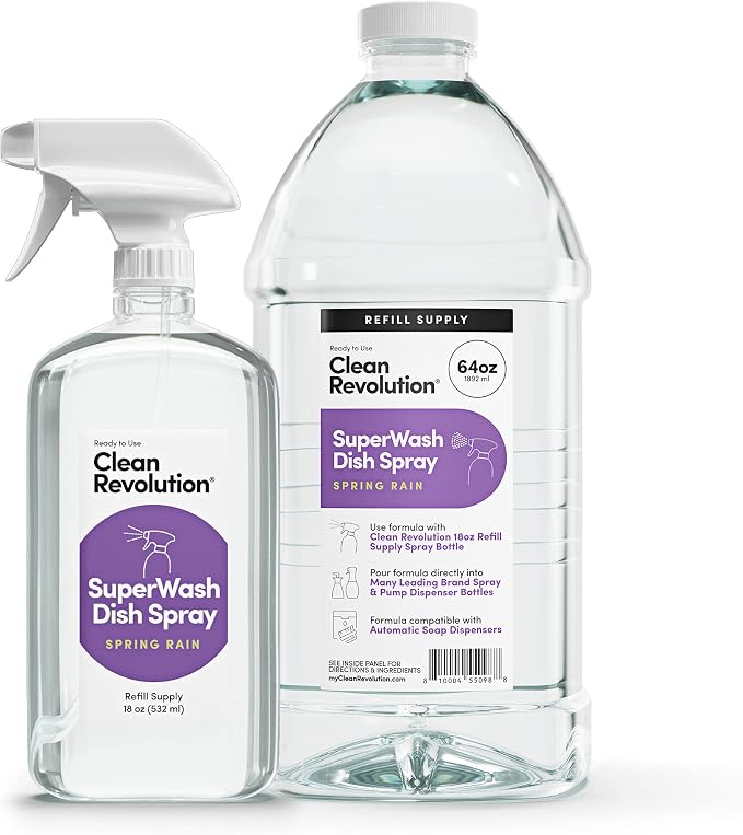 Clean Revolution SuperWash Dish Spray | Starter Kit | Includes 18oz Refillable Trigger Spray Bottle + 64oz Refill Supply | 82oz Total | Compatible with Dawn Powerwash Sprayers | Spring Rain Fragrance