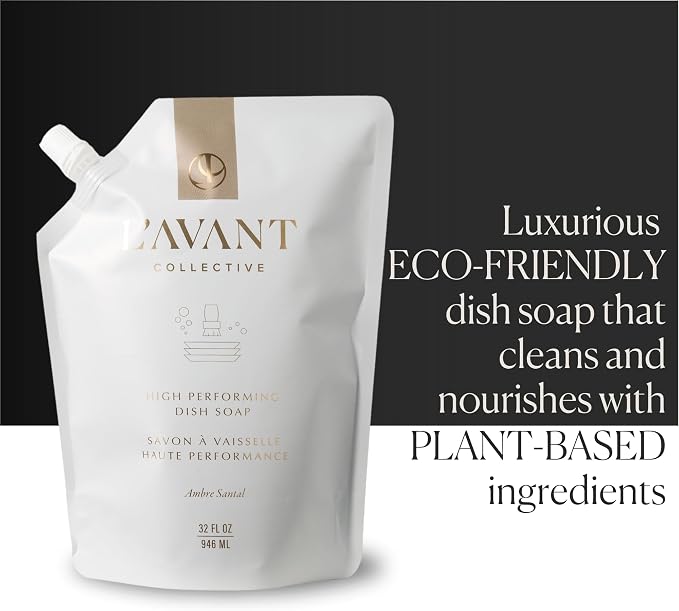 L'AVANT Dish Soap Refill, Plant-Based, Non-Toxic, 32 Fl Oz, Ambre Santal | Plant-based formula, grease-cutting power, gentle on hands, non-toxic, glass bottle refill, cruelty-free, Ambre Santal scent