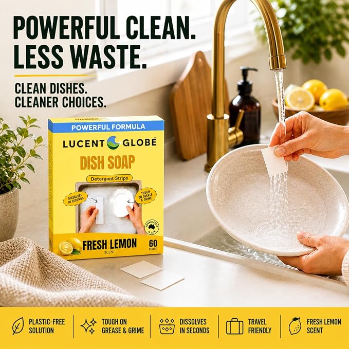 Lucent Globe Dish Soap Sheets – Fresh Lemon Scent – Dawn Replacement, Cuts Through Grease, 100 Washes, Liquidless, Spot-Free Finish, Hard Water Compatible, 100% Plastic-Free, Natural Ingredients