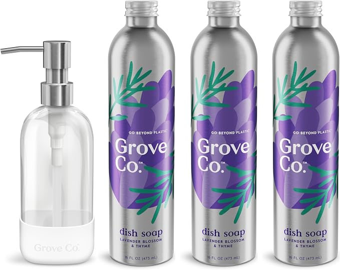 Grove Co. Dish Soap, 3 x 16 fl oz Refills + Refillable Glass Dispenser | Lavender Blossom & Thyme; Plastic-Free; Reusable dispenser; Refill format; Removes Stuck on Food; 98% plant-based ingredients