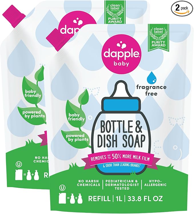 Dapple Baby Fragrance-Free Bottle & Dish Soap Refill Pouch - (2 Pack) 33.8 fl oz - Plant-Powered Cleaner for Baby Bottles, Pump Parts, and Sippy Cups