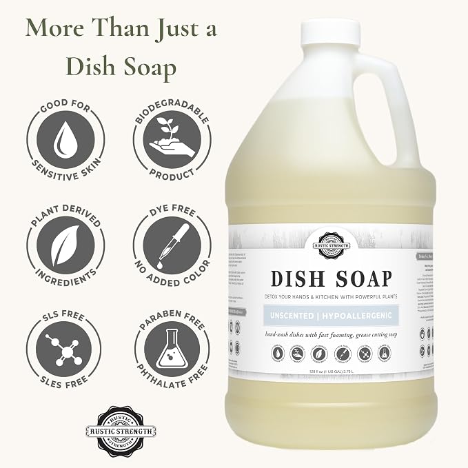Rustic Strength Natural Dish Soap, Unscented, 64 oz Plastic | Plant-Based Concentrated Formula, Grease Cutting , Greywater and Septic Safe