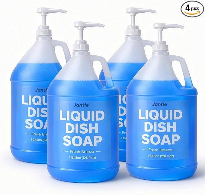 Jantle Dish Soap Bulk 1 Gallon (4 Pack) with Pumps – Liquid Dishwashing Soap Refill, Heavy Duty Grease Cleaner, Long Lasting Dish Detergent for Kitchen, Restaurant & Commercial Use