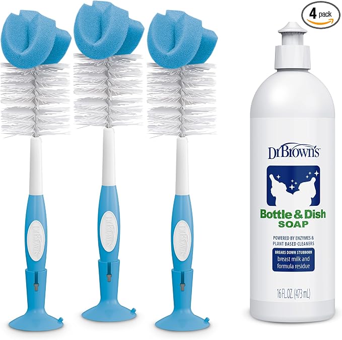 Dr. Brown's Reusable Sponge Baby Bottle Cleaning Brush, Blue 3-Pack & Fragrance-Free Dish Soap, 16oz