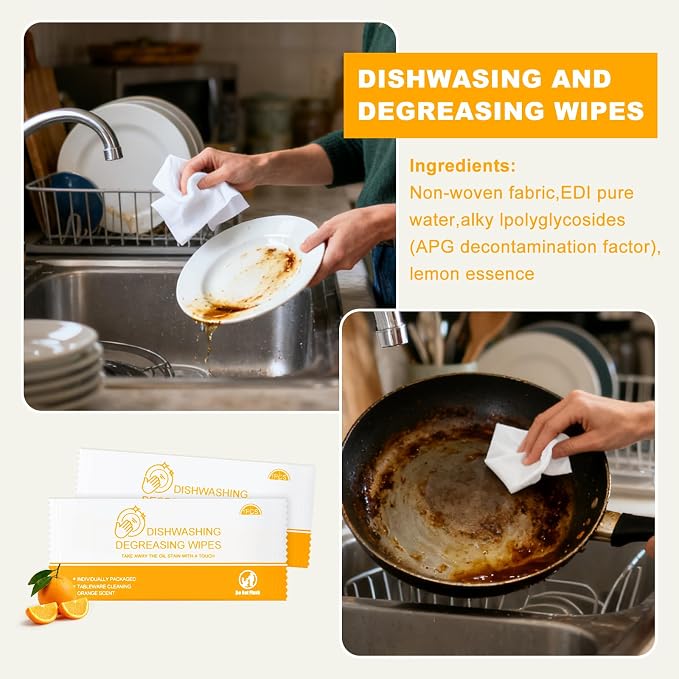 Dish Cleaning Wipes Individually Wrapped Travel Dish Soap Wipes Orange Scent 7.7”x 7.3“ Disposable Wipes Portable for Kitchen Outdoor Traveling Camping RV Quick Clean (200)
