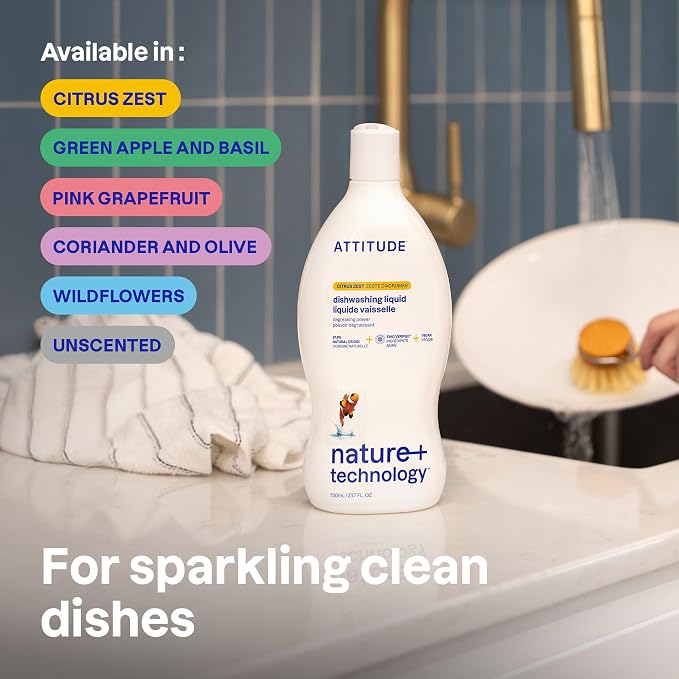 ATTITUDE Dish Soap & Refill Bundle, EWG Verified, Plant-Based, Vegan Dishwashing Liquid, Citrus Zest Scent, 23.7 + 67.6 Fl Oz