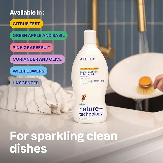 ATTITUDE Dish Soap, EWG Verified, Plant-Based & Vegan Dishwashing Liquid, Naturally Derived, Wildflowers Scent, 23.7 Fl Oz