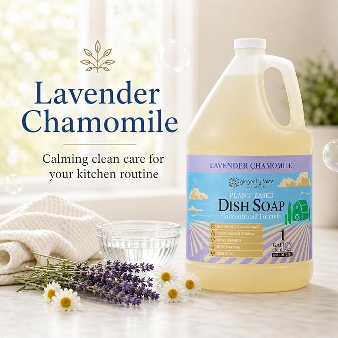 Ginger Lily Farms Botanicals Plant-Based Liquid Dish Soap, Concentrated Formula with Max Grease Cleaning Power, Cruelty-Free, Lavender Chamomile Scent, 1 Gallon (Pack of 4)