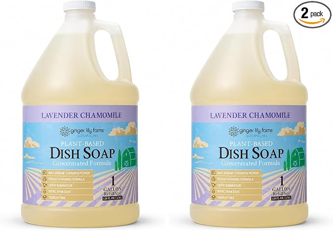 Ginger Lily Farms Botanicals Plant-Based Liquid Dish Soap, Concentrated Formula with Max Grease Cleaning Power, Cruelty-Free, Lavender Chamomile Scent, 1 Gallon Refill (128 Fl. Oz.), (Pack of 2)