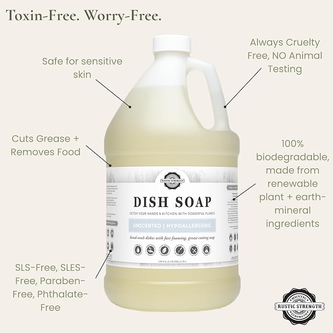 Rustic Strength Natural Dish Soap, Unscented, 64 oz Plastic | Plant-Based Concentrated Formula, Grease Cutting , Greywater and Septic Safe