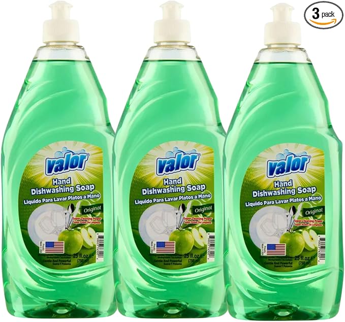 Valor Dishwashing Liquid, 25 fl oz – Dish Soap for Kitchen & Bathroom, Grease-Fighting, Gentle on Hands, Fast Rinse, Eco-Friendly Biodegradable Formula (25 oz (Pack of 3), Original)