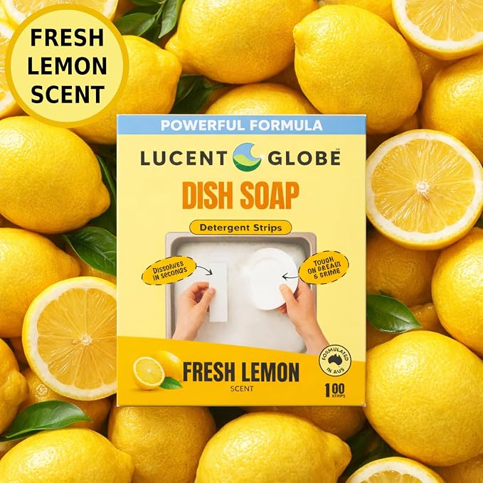 Lucent Globe Dish Soap Sheets – Fresh Lemon Scent – Dawn Replacement, Cuts Through Grease, 100 Washes, Liquidless, Spot-Free Finish, Hard Water Compatible, 100% Plastic-Free, Natural Ingredients