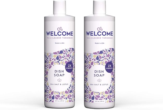 WELCOME Dish Soap - Cuts Grease - Soft on Hands - Paraben & Phthalate Free - Made in the USA - Sea Salt and & Lotus (16oz) 2 Pack