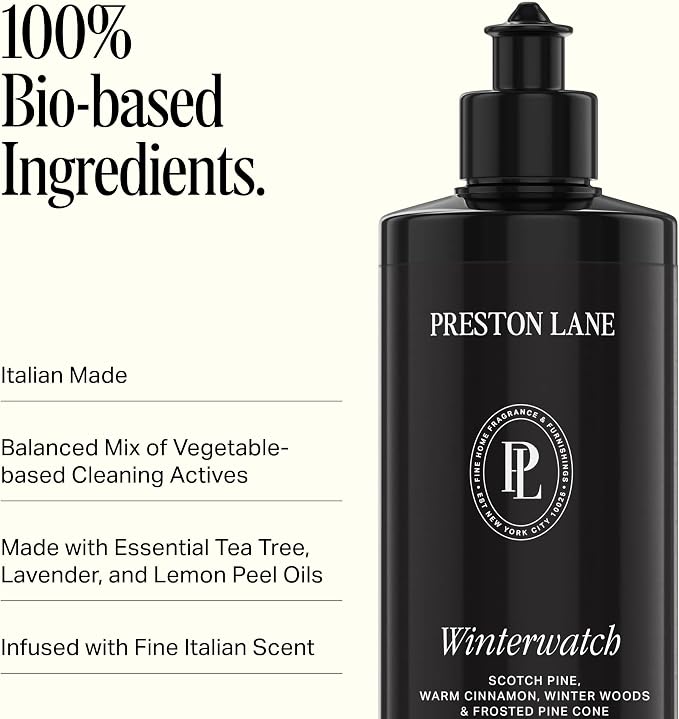 Preston Lane Liquid Dish Soap 16oz, Scented, Grease Cutting - Winterwatch | Vegan Dishwashing Soap, Plant Based with Essential Oils, Gentle on Hands, Clean Ingredients