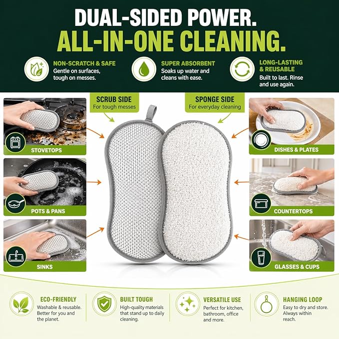 R&C Store Essentials Home Dish Soap Cleaning Bundle Kit, Includes 24.3 oz Liquid Dish Soap (2 Pack) Compatible with Dawn Platinum EZ Squeeze, 2 Dual-Sided Scrubbing Sponges, Kitchen Cleaning Set