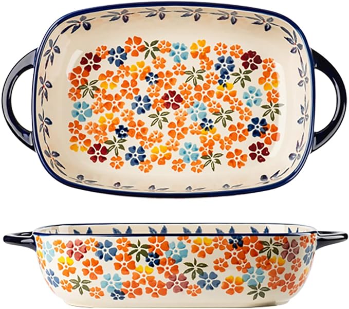 Colorful Cherry Blossom Flowers Vintage Style Ceramic Bakeware Dish Casserole by Bicuzat