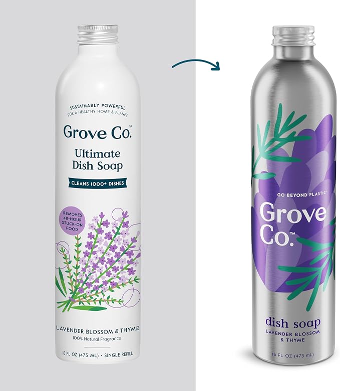 Grove Co. Dish Soap, 3 x 16 fl oz Refills + Refillable Glass Dispenser | Lavender Blossom & Thyme; Plastic-Free; Reusable dispenser; Refill format; Removes Stuck on Food; 98% plant-based ingredients