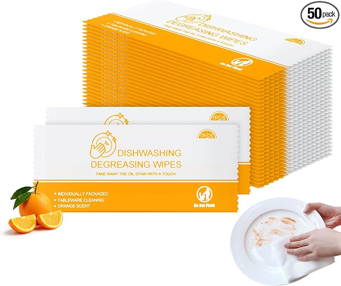 Dish Cleaning Wipes Individually Wrapped Travel Dish Soap Wipes Orange Scent 7.7”x 7.3“ Disposable Wipes Portable for Kitchen Outdoor Traveling Camping RV Quick Clean (200)